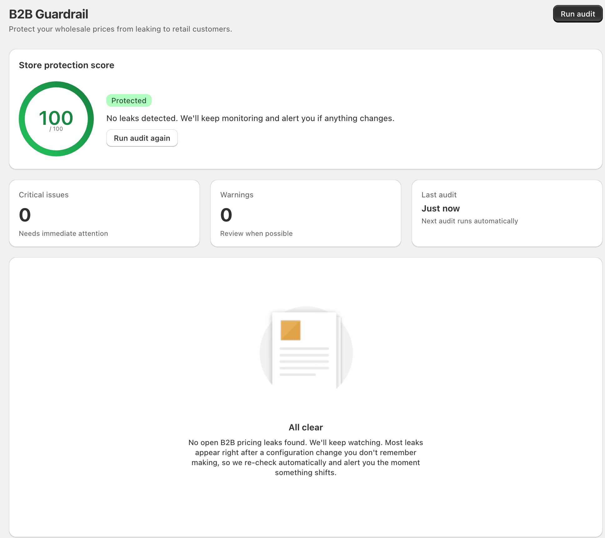 B2B Guardrail dashboard showing the store in a Protected state with no open critical issues.